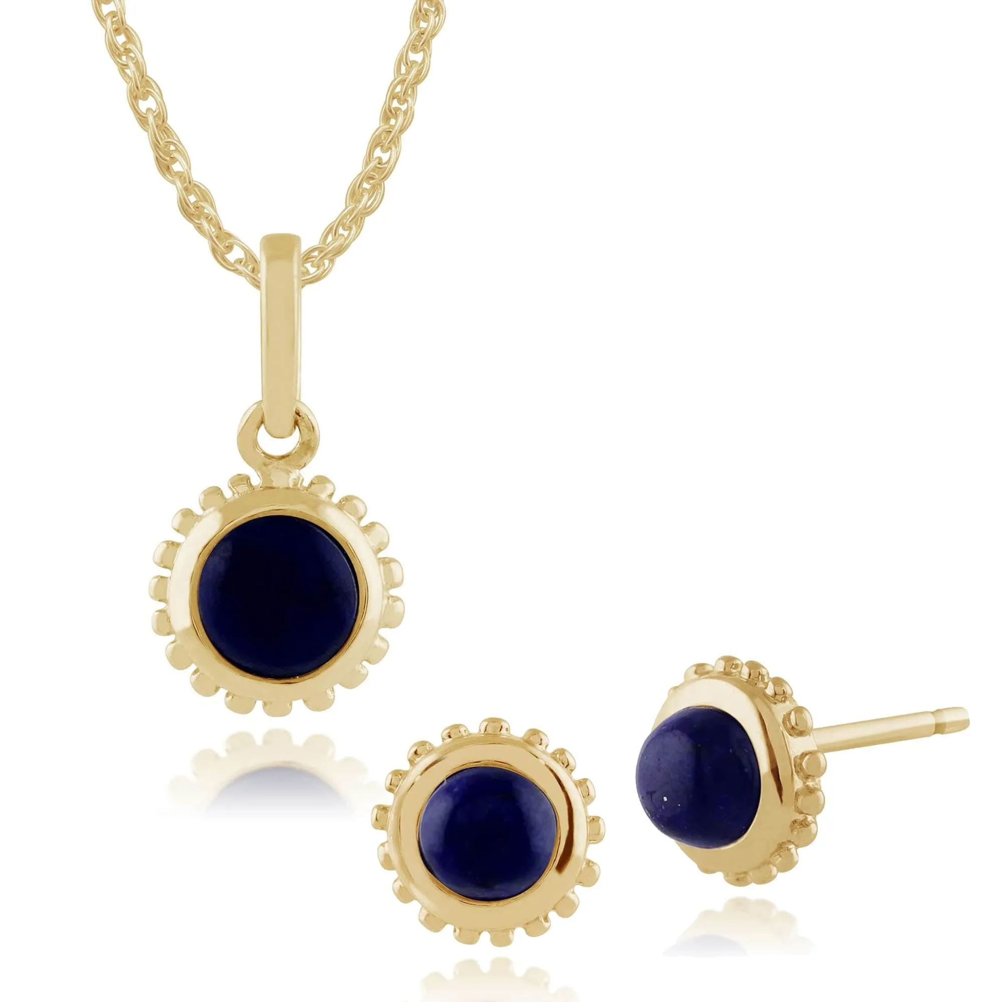 Boho Round Lapis Lazuli Bezel Stud Flower Earrings & Pendant Set in 9ct Yellow Gold sold by Gemondo Jewellery