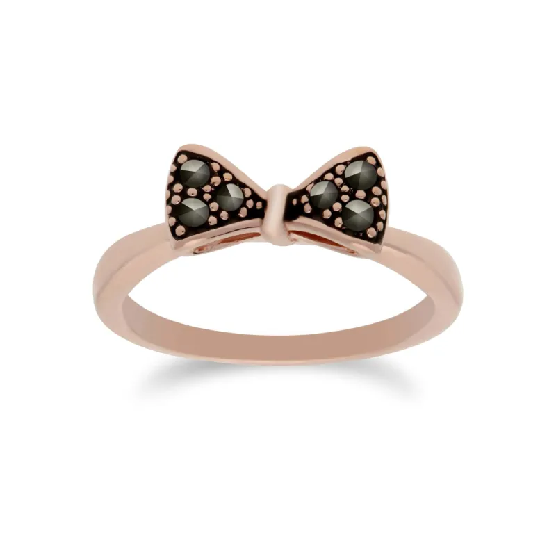Rose Gold Plated Round Marcasite Bow Design Ring in 925 Sterling Silver sold by Gemondo Jewellery