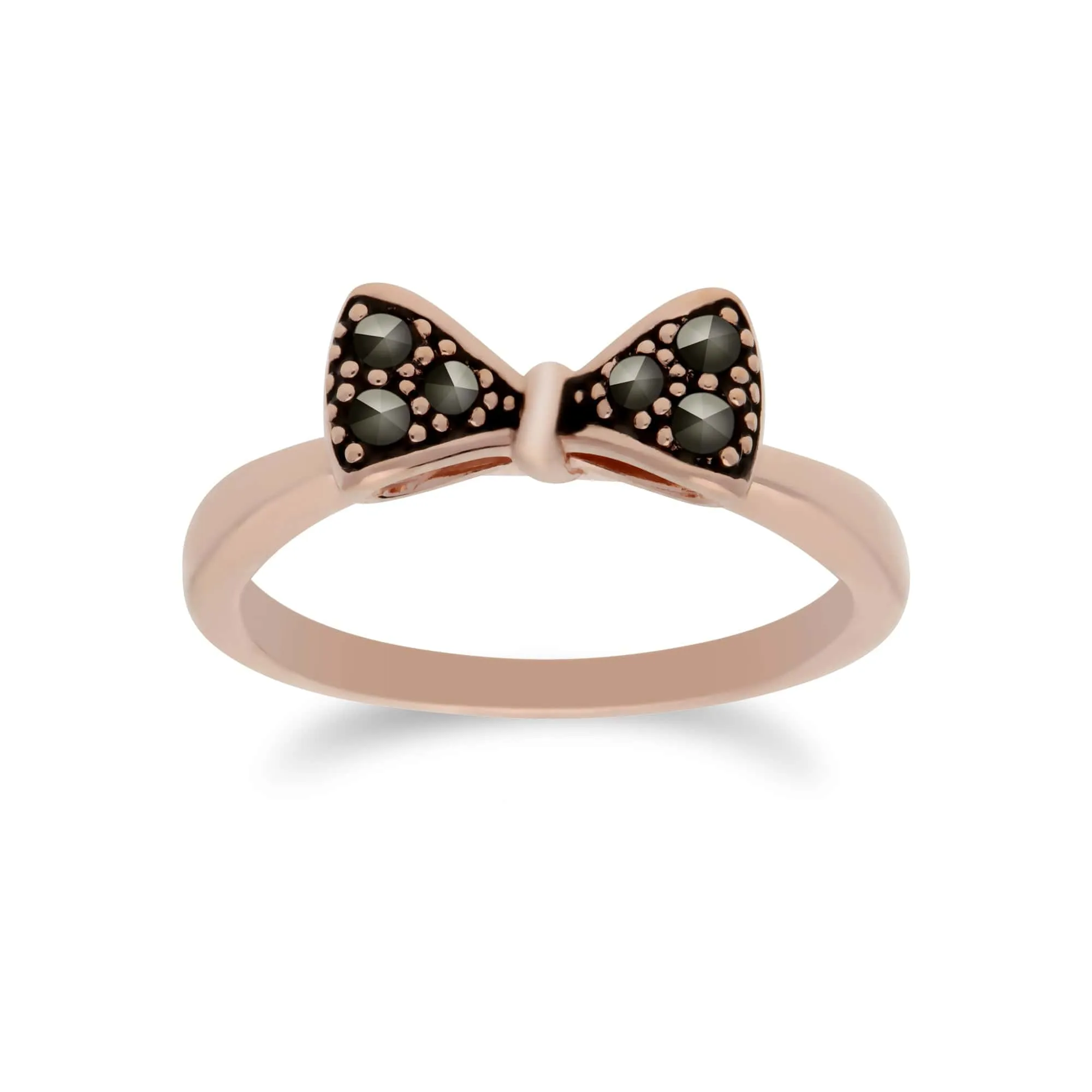 Rose Gold Plated Round Marcasite Bow Design Ring in 925 Sterling Silver sold by Gemondo Jewellery