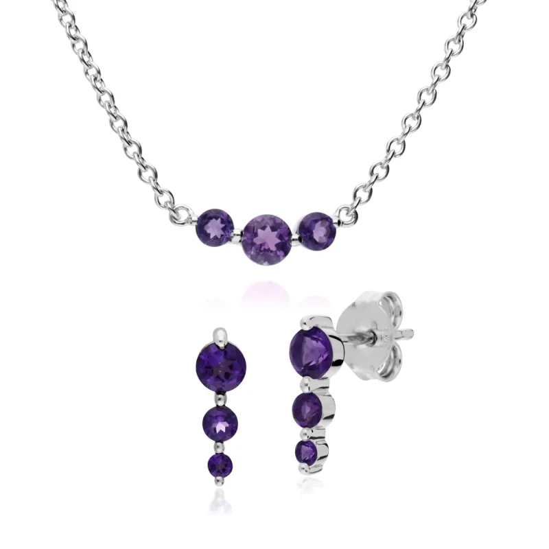 Classic Round Amethyst Three Stone Gradient Earrings & Necklace Set in 925 Sterling Silver sold by Gemondo Jewellery