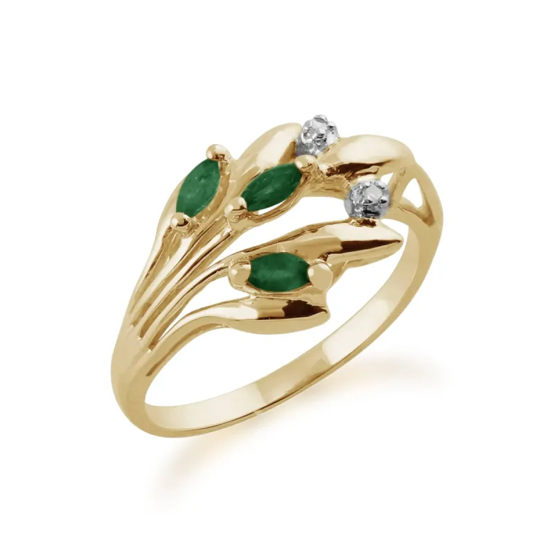 Floral Marquise Emerald & Diamond Ring in 9ct Yellow Gold sold by Gemondo Jewellery