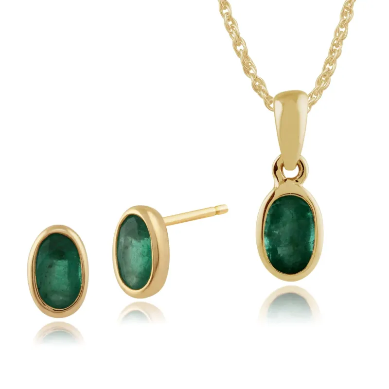 Classic Oval Emerald Single Stone Bezel Stud Earrings & Pendant Set in 9ct Yellow Gold sold by Gemondo Jewellery