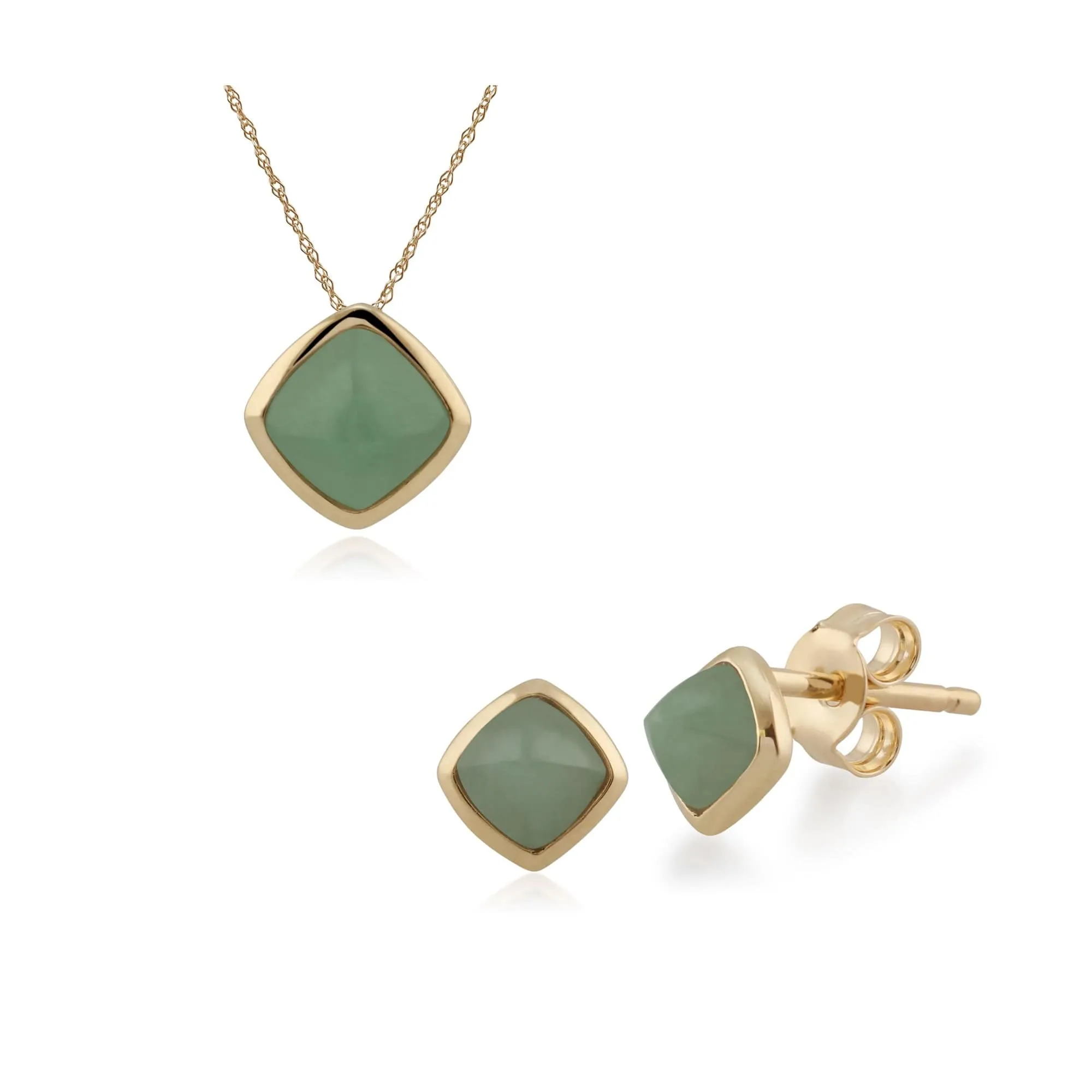 Classic Cushion Green Jade Bezel Stud Earrings & Pendant Set in 9ct Yellow Gold sold by Gemondo Jewellery