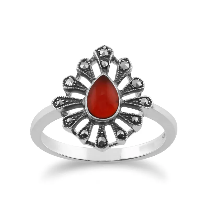 Gemondo 925 Sterling Silver 0.30ct Carnelian & Marcasite Art Deco Ring sold by Gemondo Jewellery