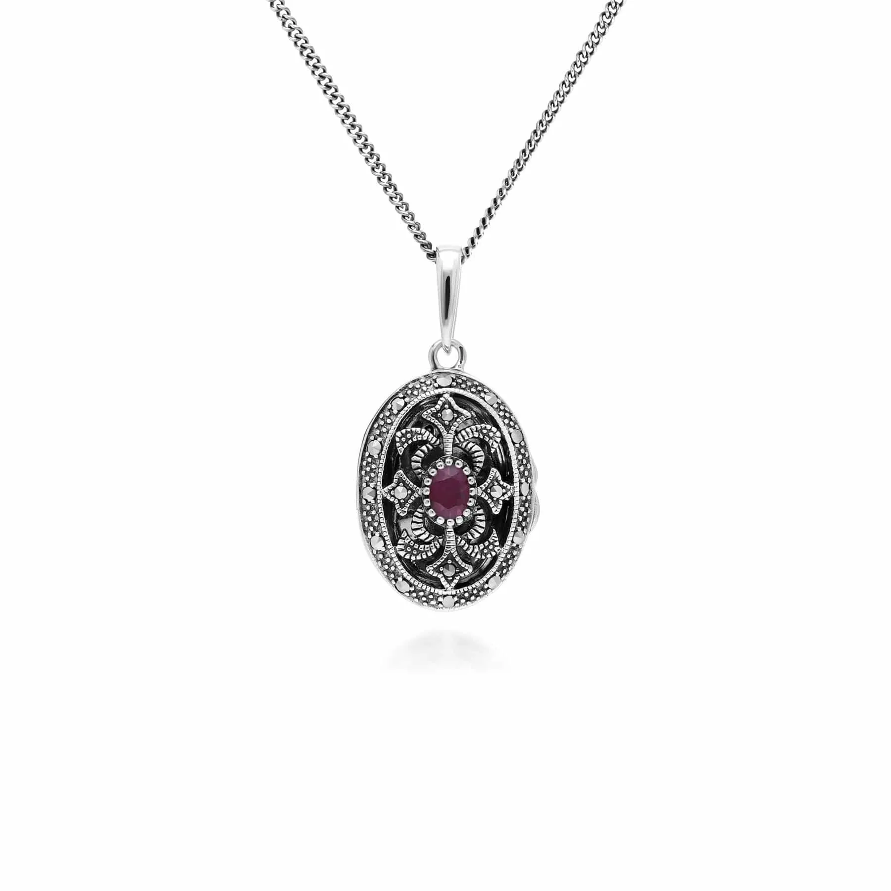 Art Nouveau Style Oval Ruby & Marcasite Locket Necklace in 925 Sterling Silver sold by Gemondo Jewellery