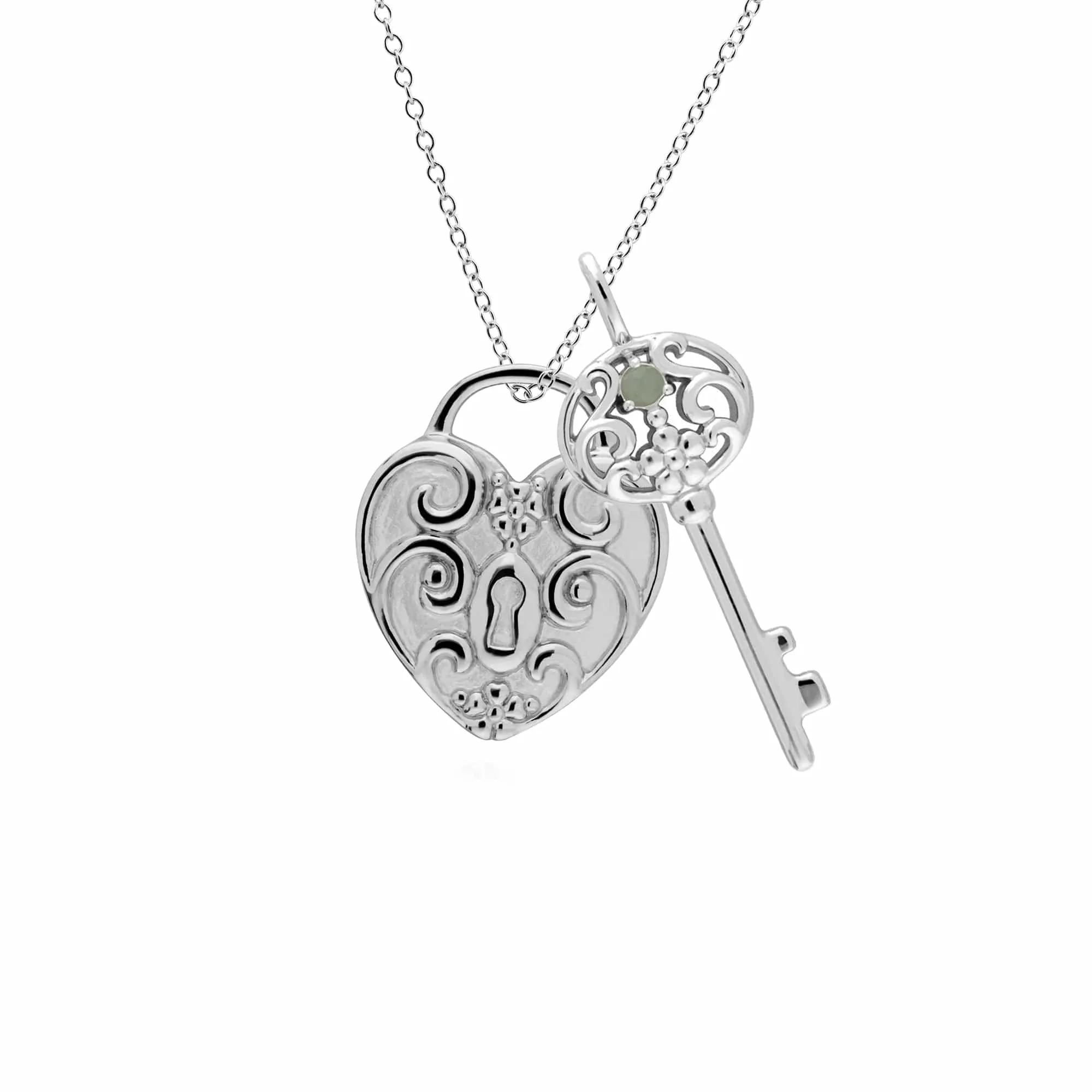 Classic Swirl Heart Lock Pendant & Jade Big Key Charm in 925 Sterling Silver sold by Gemondo Jewellery