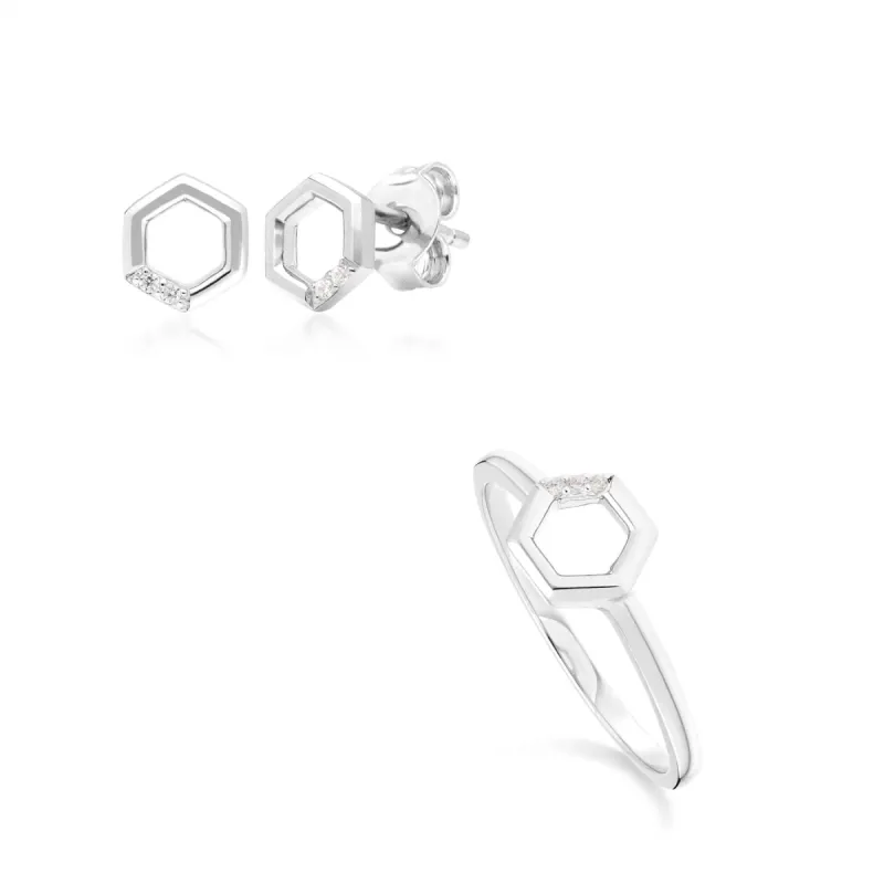 Diamond Pave Hexagon Stud Earring & Ring Set in 9ct White Gold sold by Gemondo Jewellery