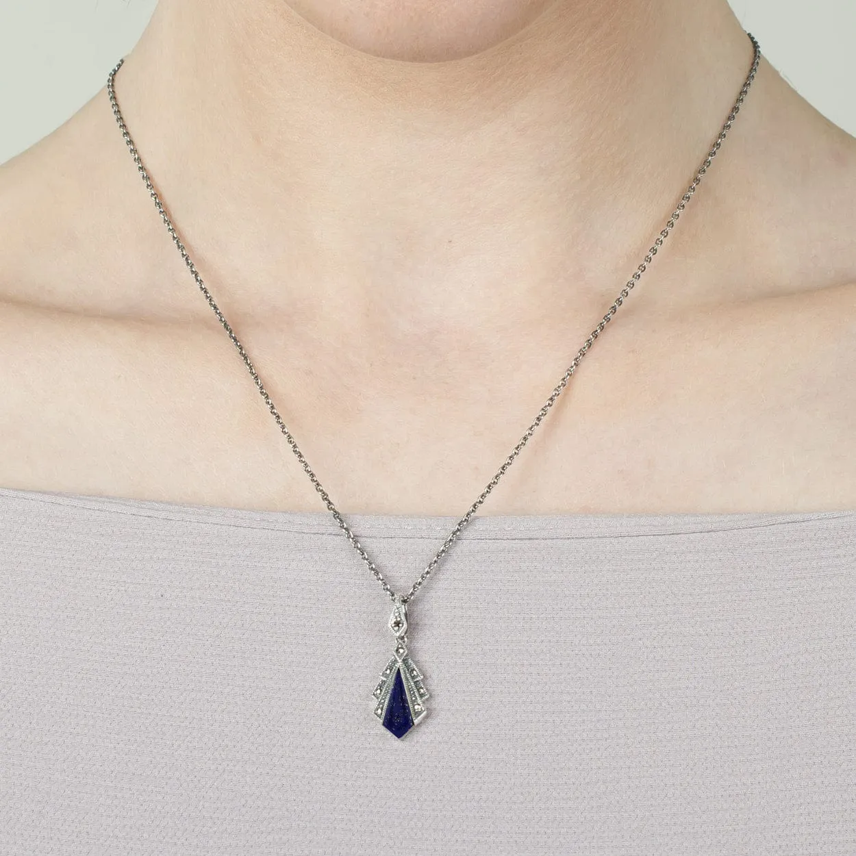 Art Deco Style Lapis Lazuli & Marcasite Pendant in 925 Sterling Silver sold by Gemondo Jewellery product image thumbnail 2