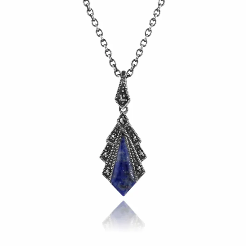 Art Deco Style Lapis Lazuli & Marcasite Pendant in 925 Sterling Silver sold by Gemondo Jewellery