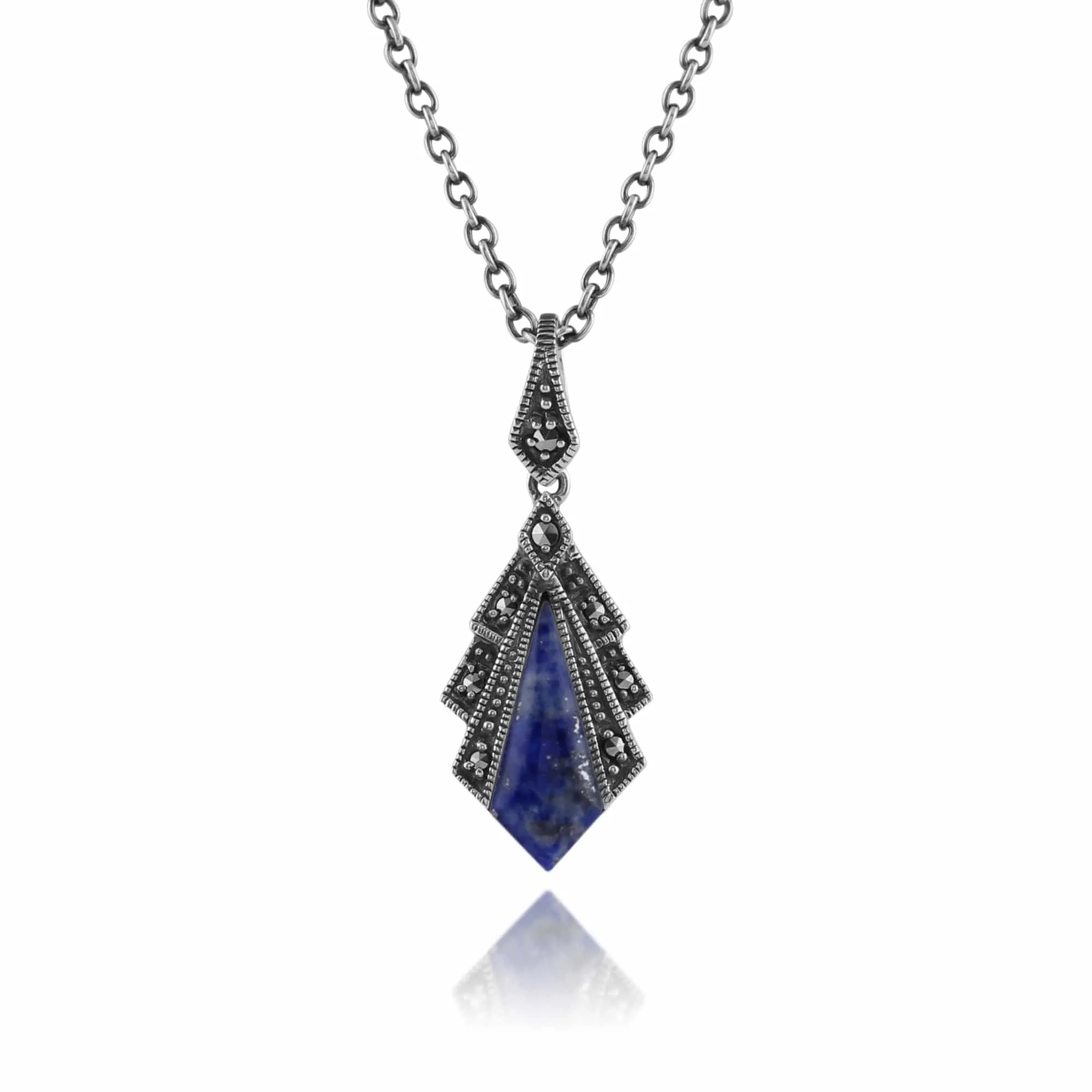 Art Deco Style Lapis Lazuli & Marcasite Pendant in 925 Sterling Silver sold by Gemondo Jewellery