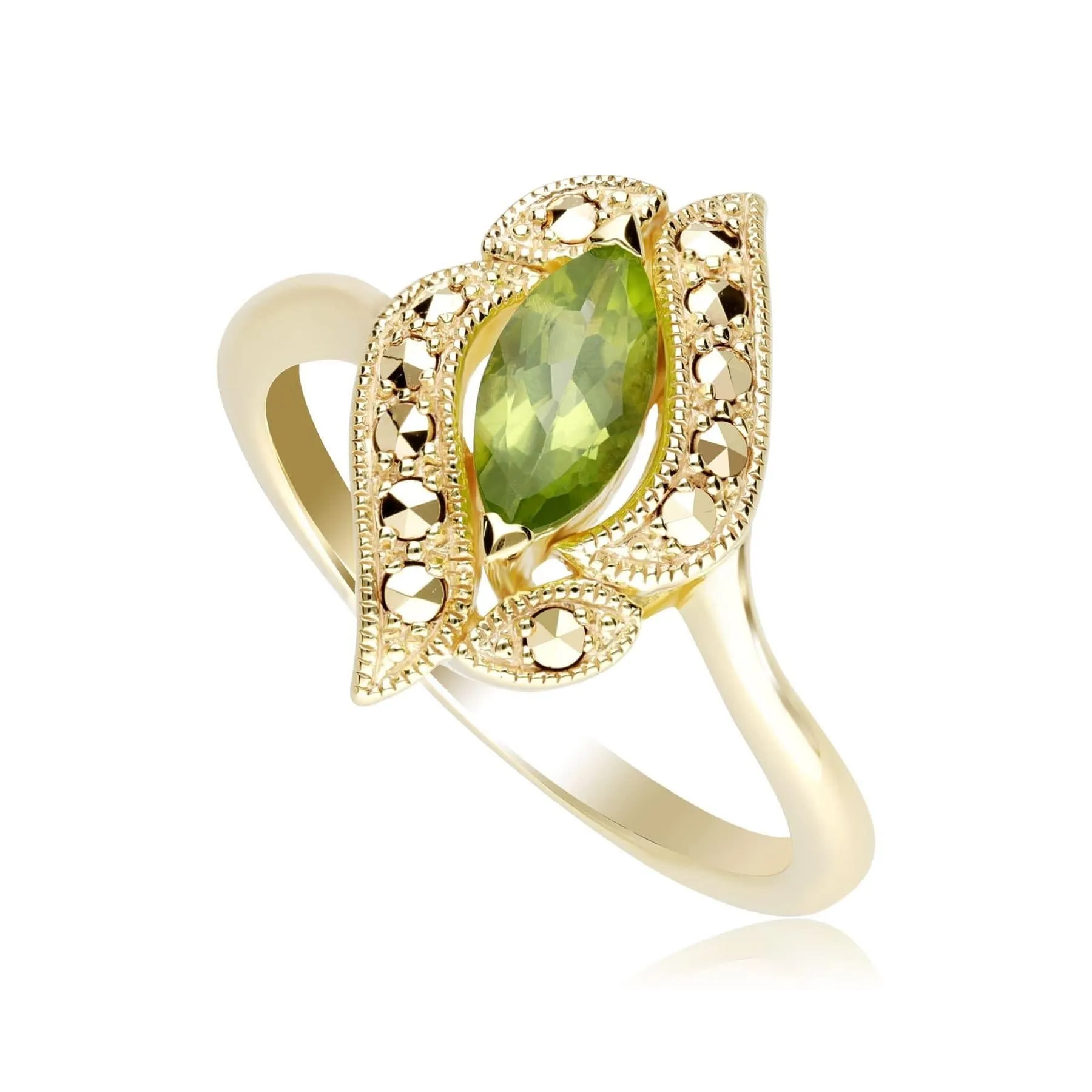 Art Nouveau Inspired Peridot & Marcasite Ring In Yellow Gold Plated Silver sold by Gemondo Jewellery