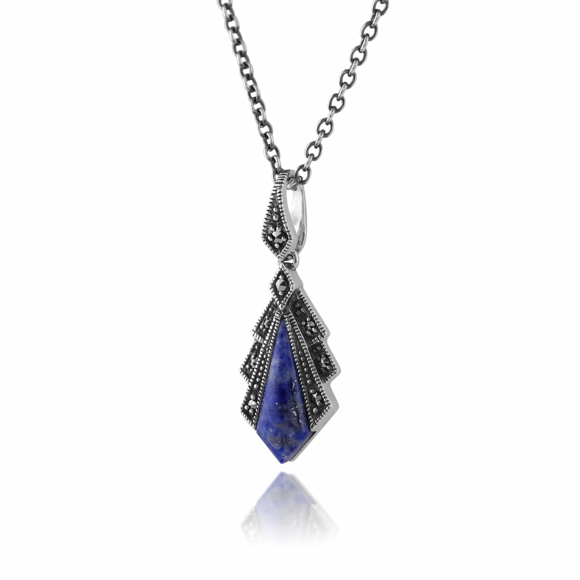 Art Deco Style Lapis Lazuli & Marcasite Pendant in 925 Sterling Silver sold by Gemondo Jewellery product image thumbnail 3