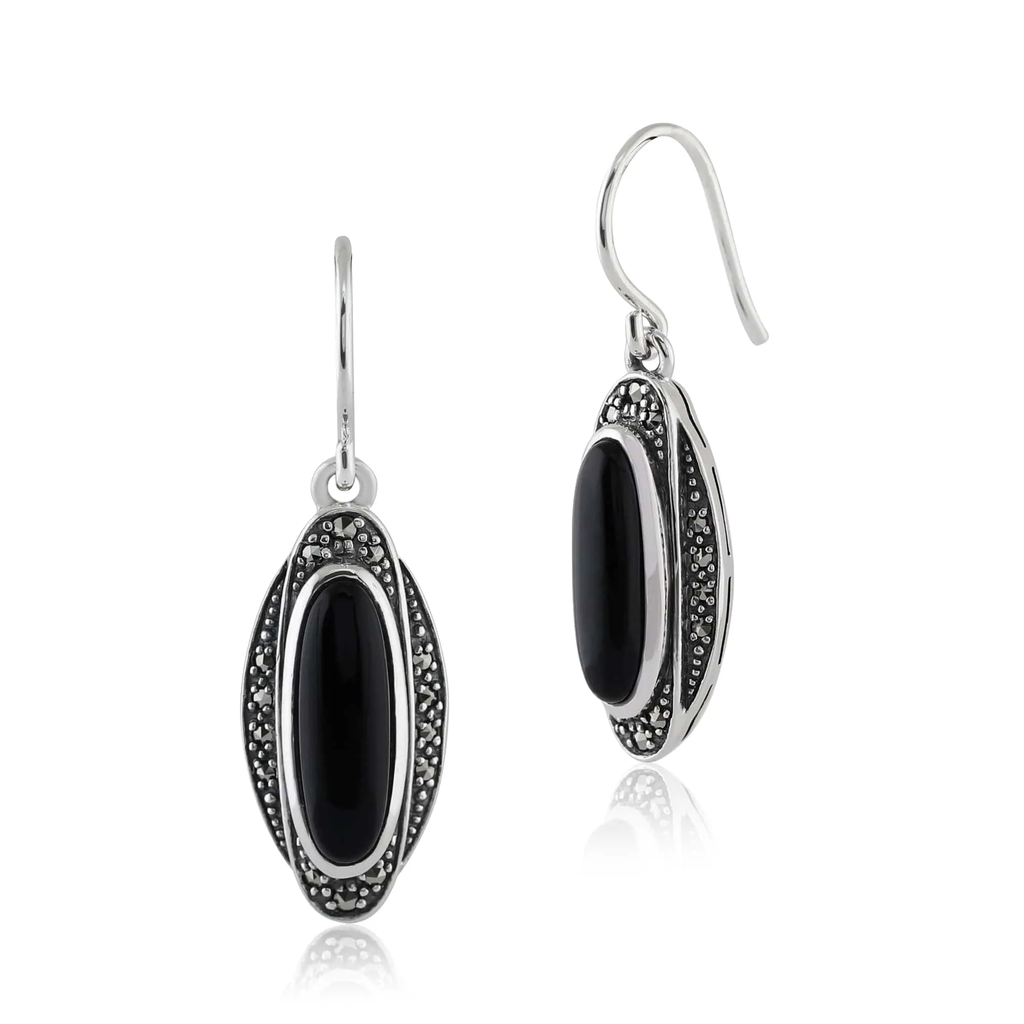 Art Deco Style Oval Black Onyx Cabochon & Marcasite Drop Earrings in 925 Sterling Silver sold by Gemondo Jewellery