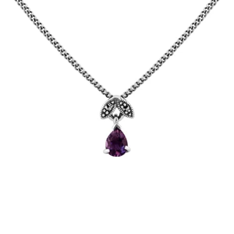 Art Nouveau Style Pear Amethyst & Marcasite Pendant in 925 Sterling Silver sold by Gemondo Jewellery