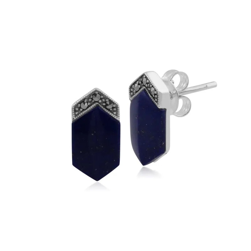 Art Deco Style Lapis Lazuli Cabochon & Marcasite Long Hexagon Studs in 925 Sterling Silver sold by Gemondo Jewellery