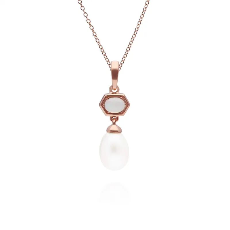 Modern Pearl & Opal Hexagon Drop Pendant in Rose Gold Plated Silver sold by Gemondo Jewellery