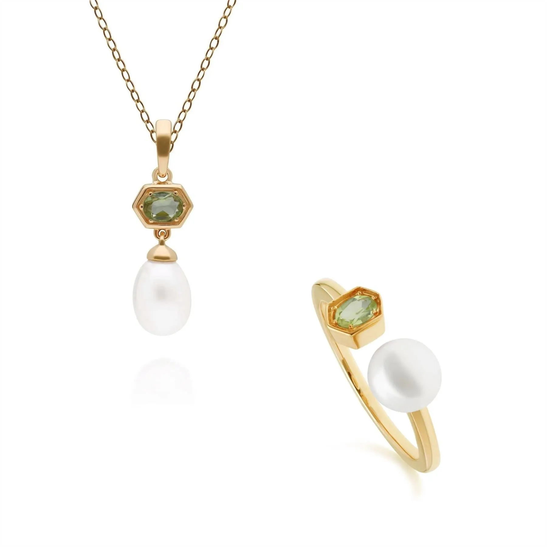 Modern Pearl & Peridot Pendant & Ring Set in Gold Plated Silver sold by Gemondo Jewellery