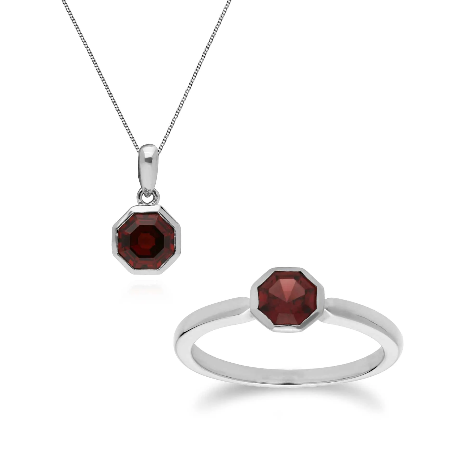 Geometric Octagon Garnet Bezel Pendant & Ring Set in 925 Sterling Silver sold by Gemondo Jewellery