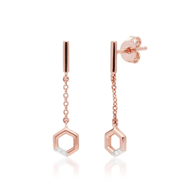 Diamond Pave Hexagon Dangle Drop Chain Earrings in 9ct Rose Gold sold by Gemondo Jewellery