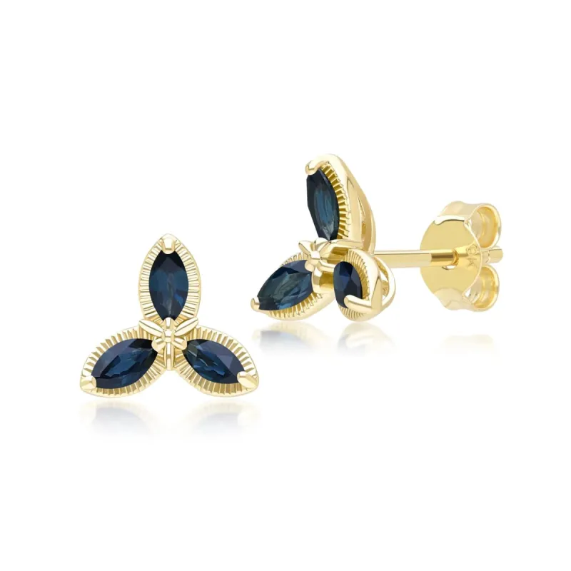Floral Marquise Sapphire Stud Earrings in 9ct Yellow Gold sold by Gemondo Jewellery