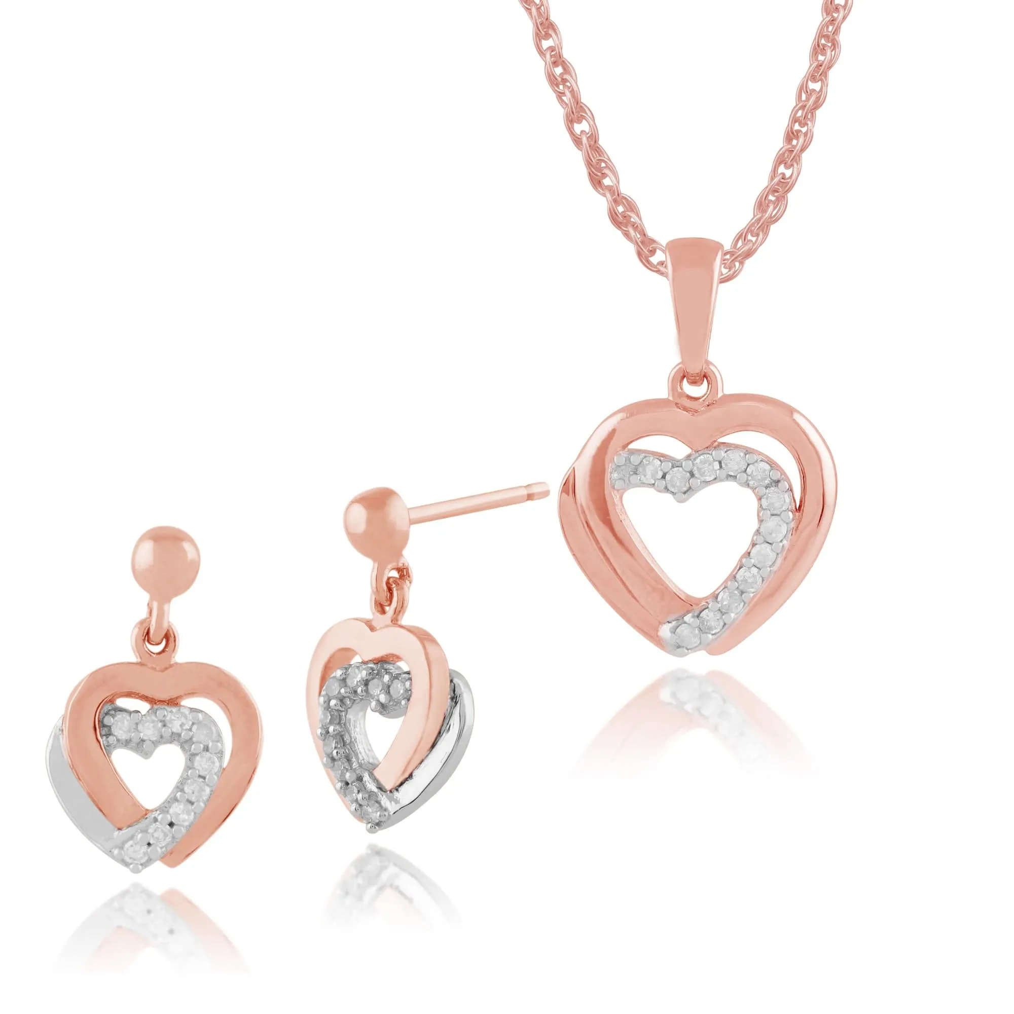 Classic Round Diamond Double Heart Drop Earrings & Pendant Set in 9ct Rose Gold sold by Gemondo Jewellery
