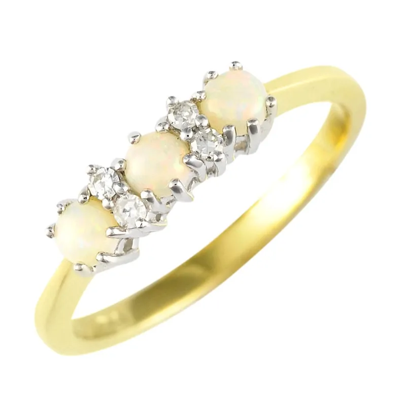 9ct Yellow Gold 0.24ct Natural Opal & 6pt Diamond Three Stone Ring sold by Gemondo Jewellery