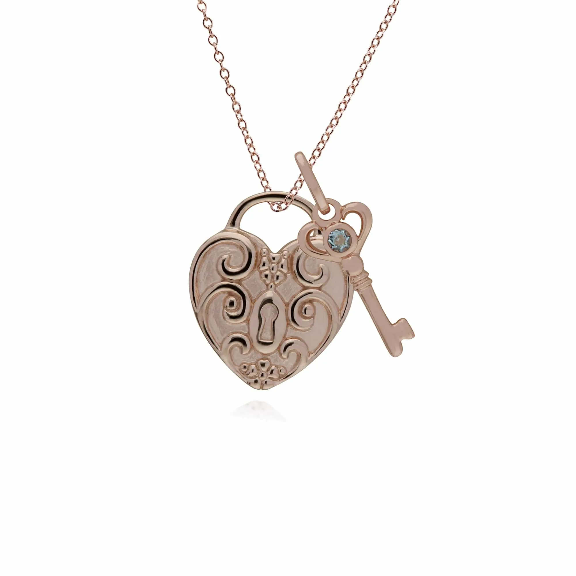 Classic Swirl Heart Lock Pendant & Aquamarine Key Charm in Rose Gold Plated 925 Sterling Silver sold by Gemondo Jewellery