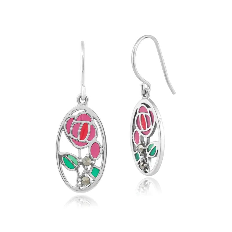 Rennie Mackintosh Round Marcasite & Enamel Oval Drop Earrings in 925 Sterling Silver sold by Gemondo Jewellery