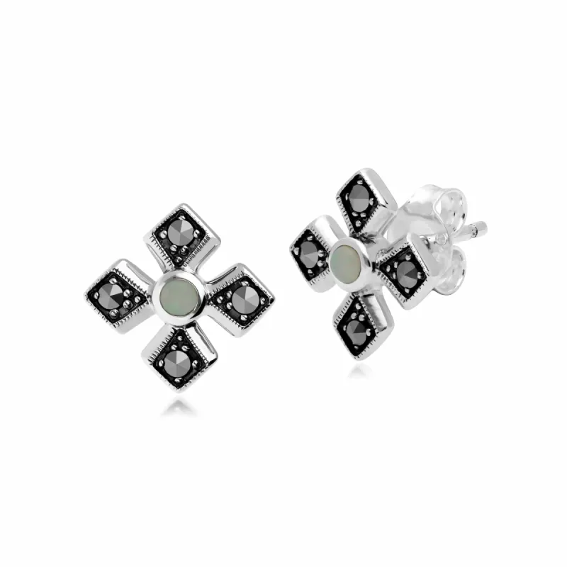 Art Deco Style Round Opal & Marcasite Gothic Style Cross Studs in 925 Sterling Silver sold by Gemondo Jewellery