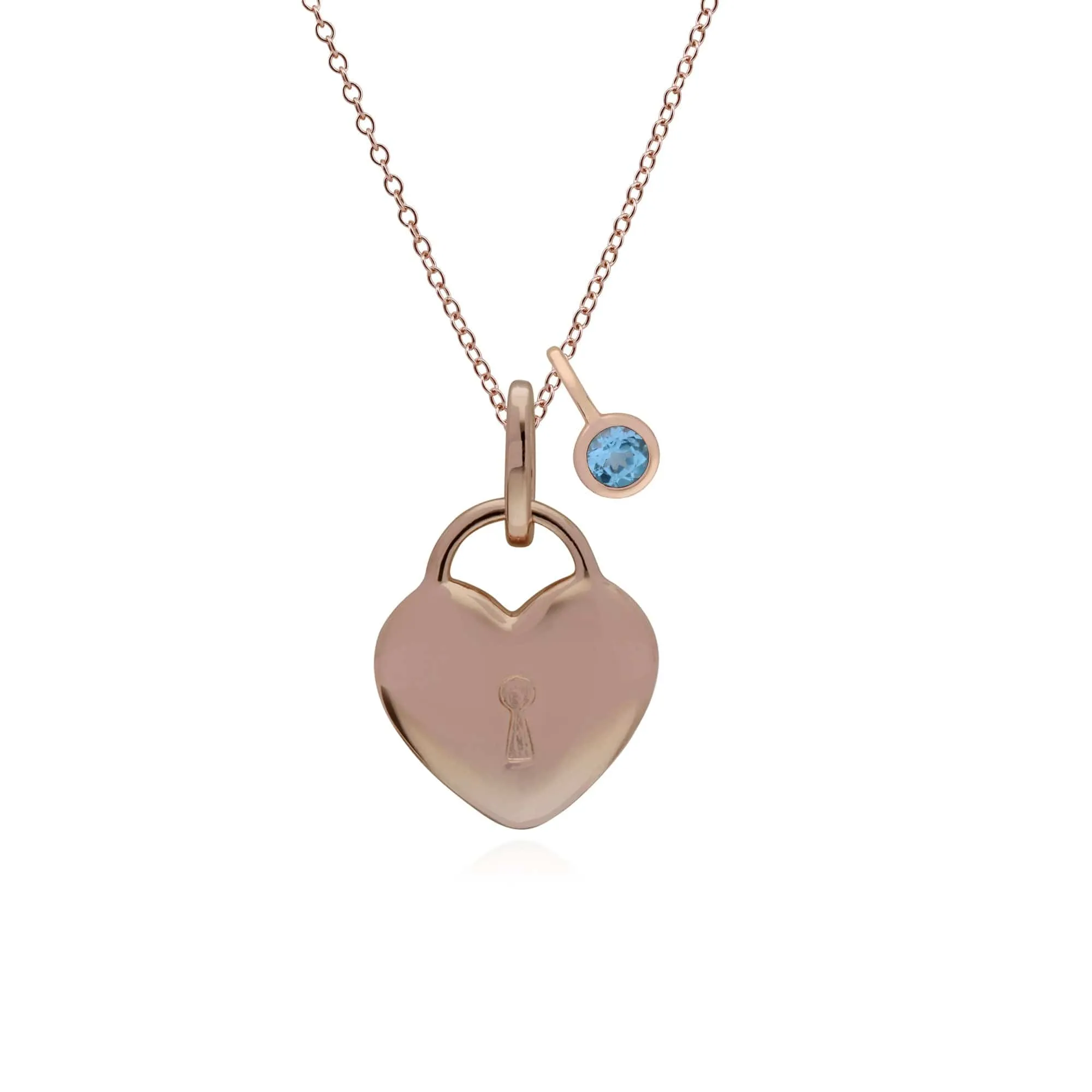 Classic Heart Lock Pendant & Blue Topaz Charm in Rose Gold Plated 925 Sterling Silver sold by Gemondo Jewellery