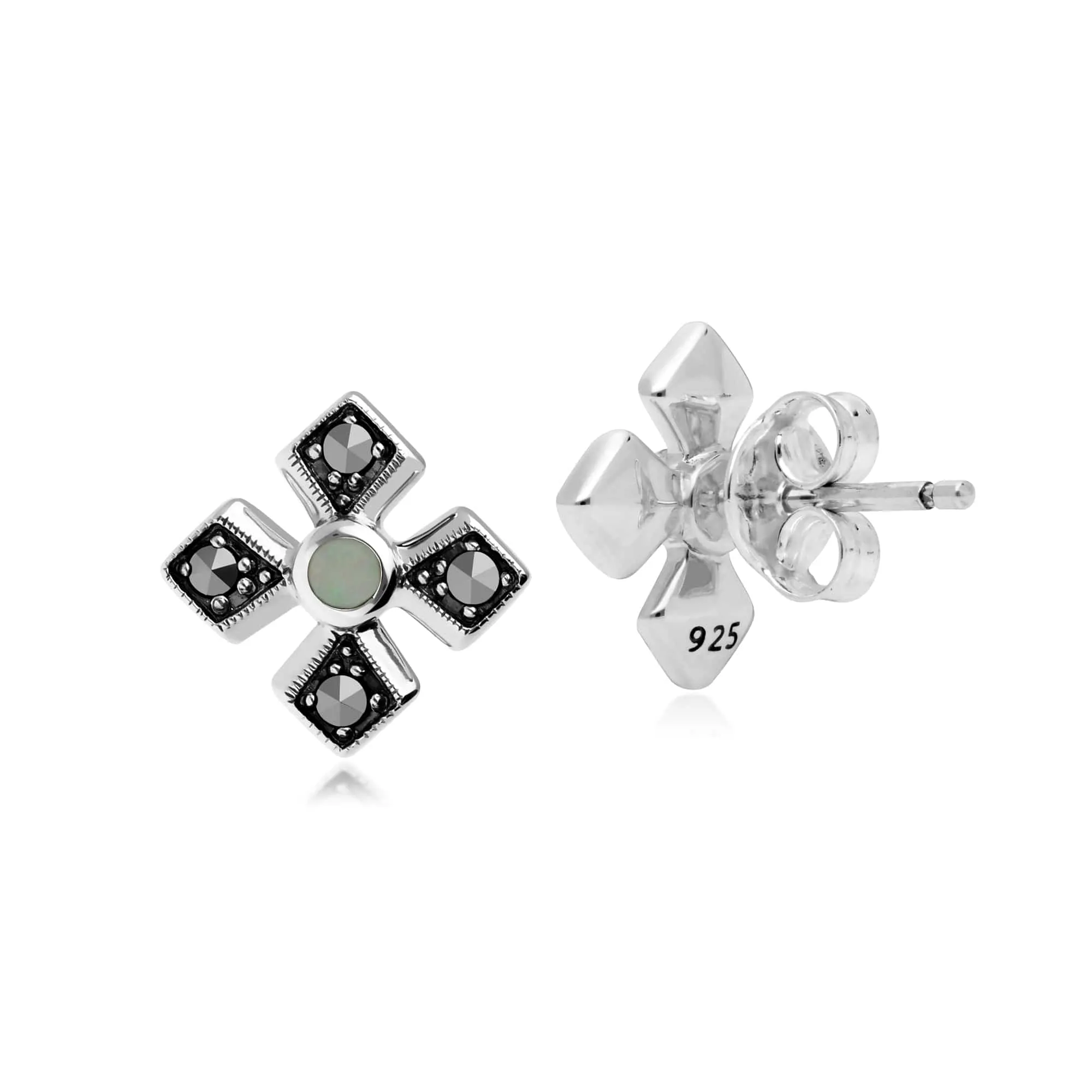 Art Deco Style Round Opal & Marcasite Gothic Style Cross Studs in 925 Sterling Silver sold by Gemondo Jewellery product image thumbnail 2