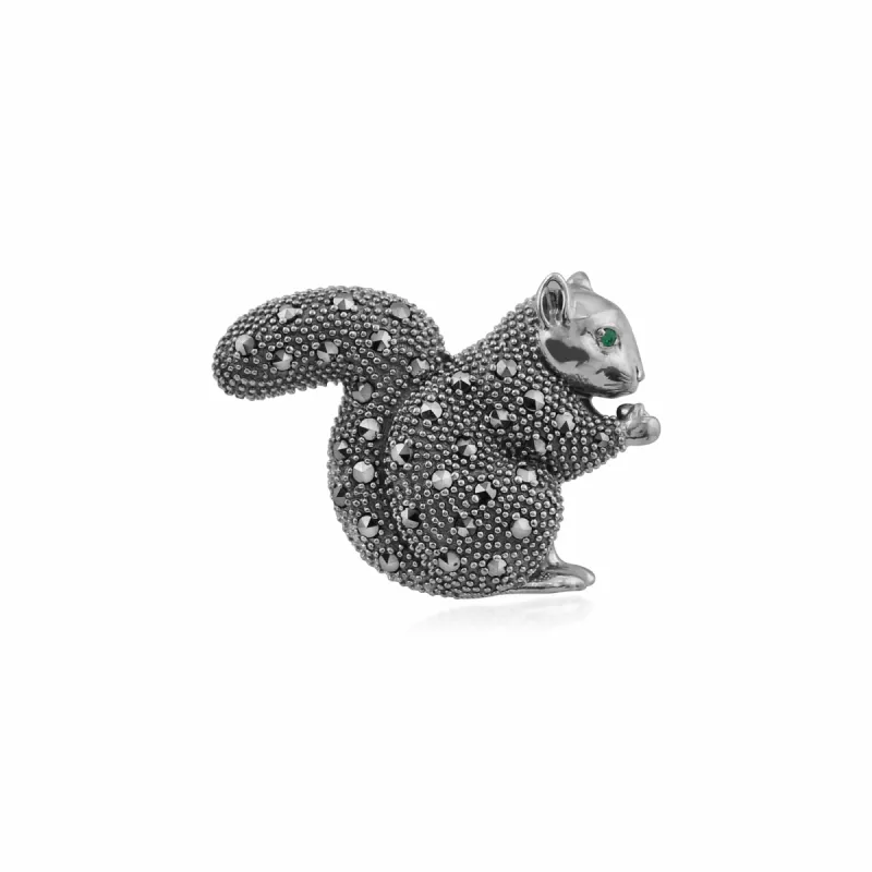 Marcasite & Emerald Squirrel Brooch in 925 Sterling Silver sold by Gemondo Jewellery