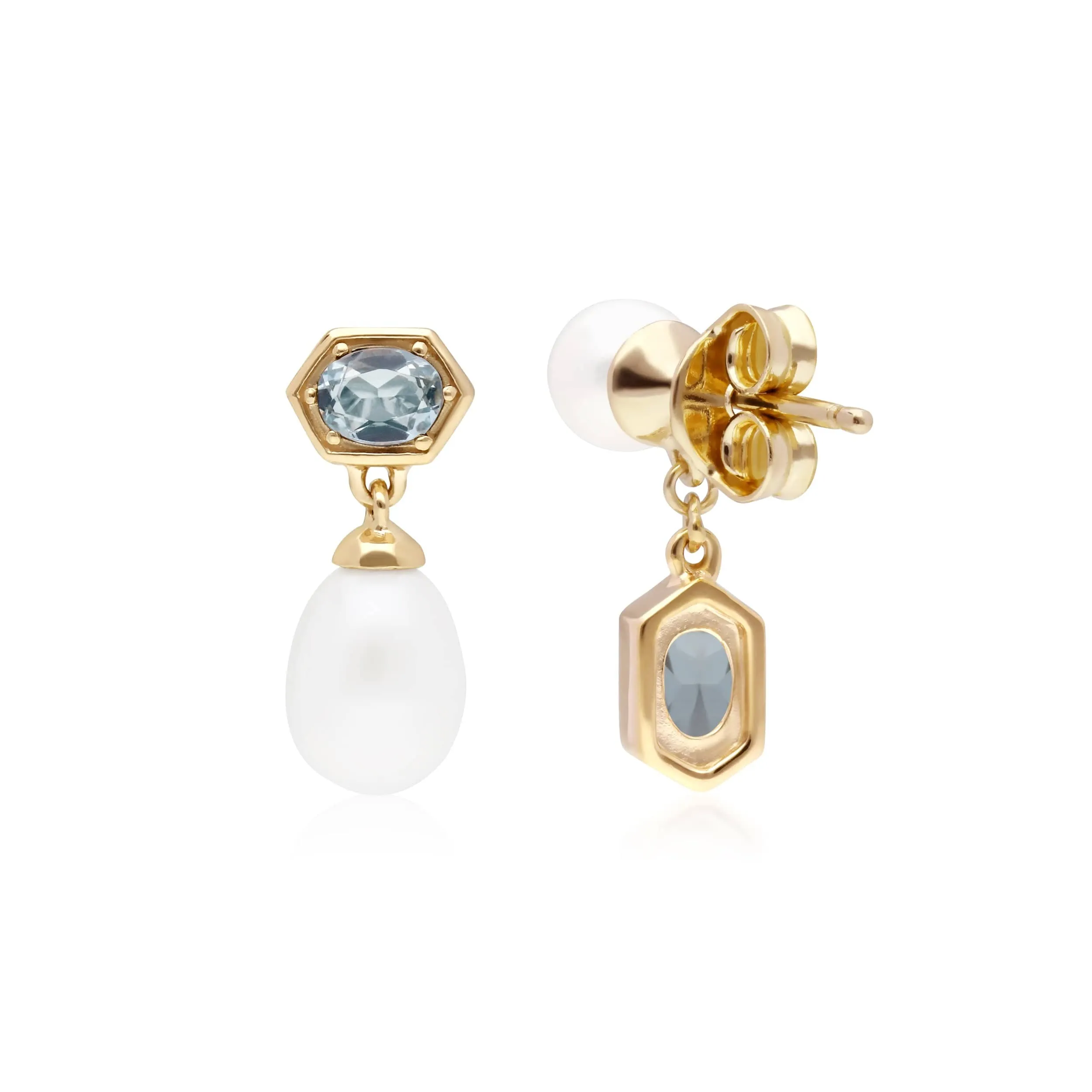 Modern Pearl & Blue Topaz Mismatched Drop Earrings in Gold Plated Silver sold by Gemondo Jewellery product image thumbnail 3