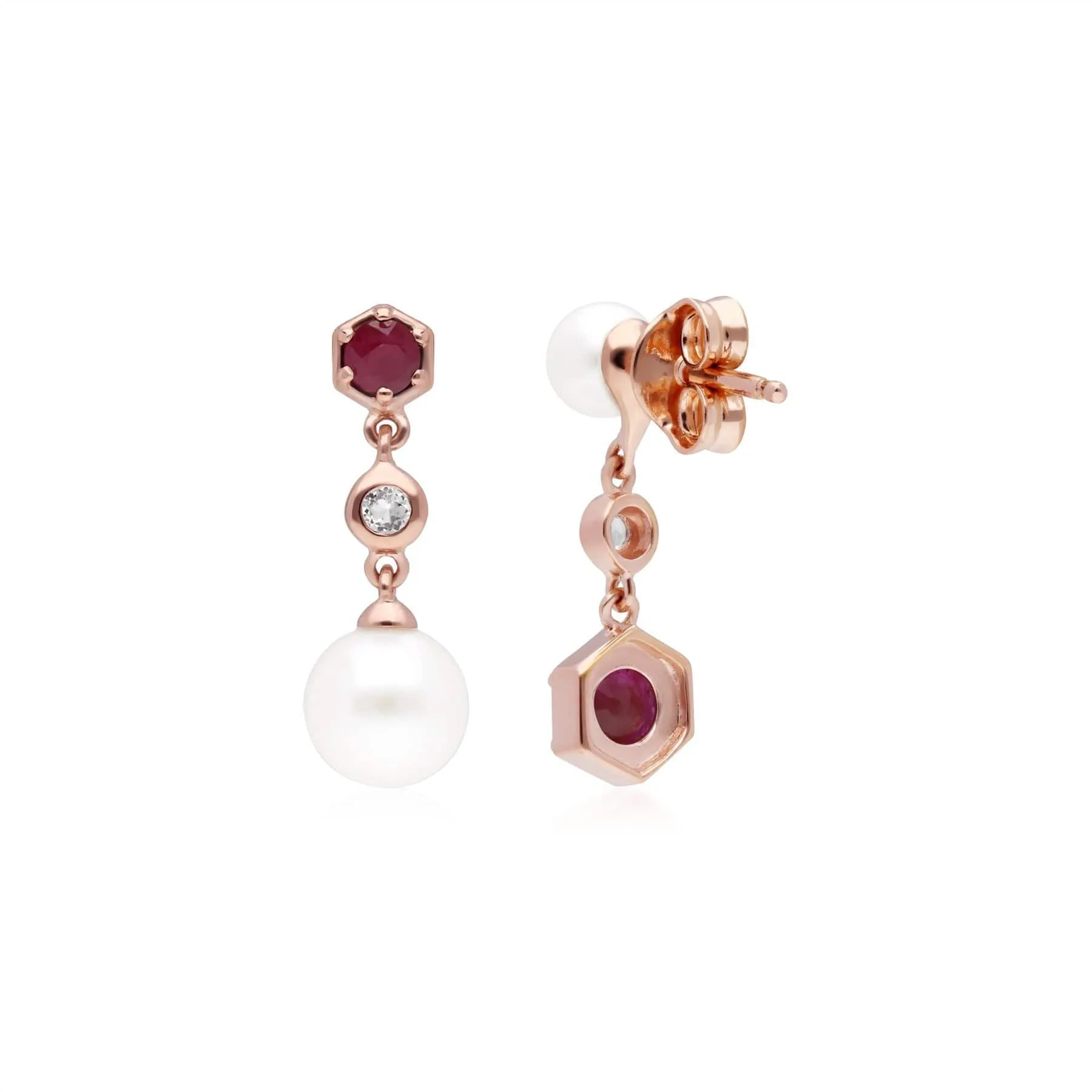 Modern Pearl, Ruby & Topaz Mismatched Drop Earrings in Rose Gold Plated Silver sold by Gemondo Jewellery product image thumbnail 2