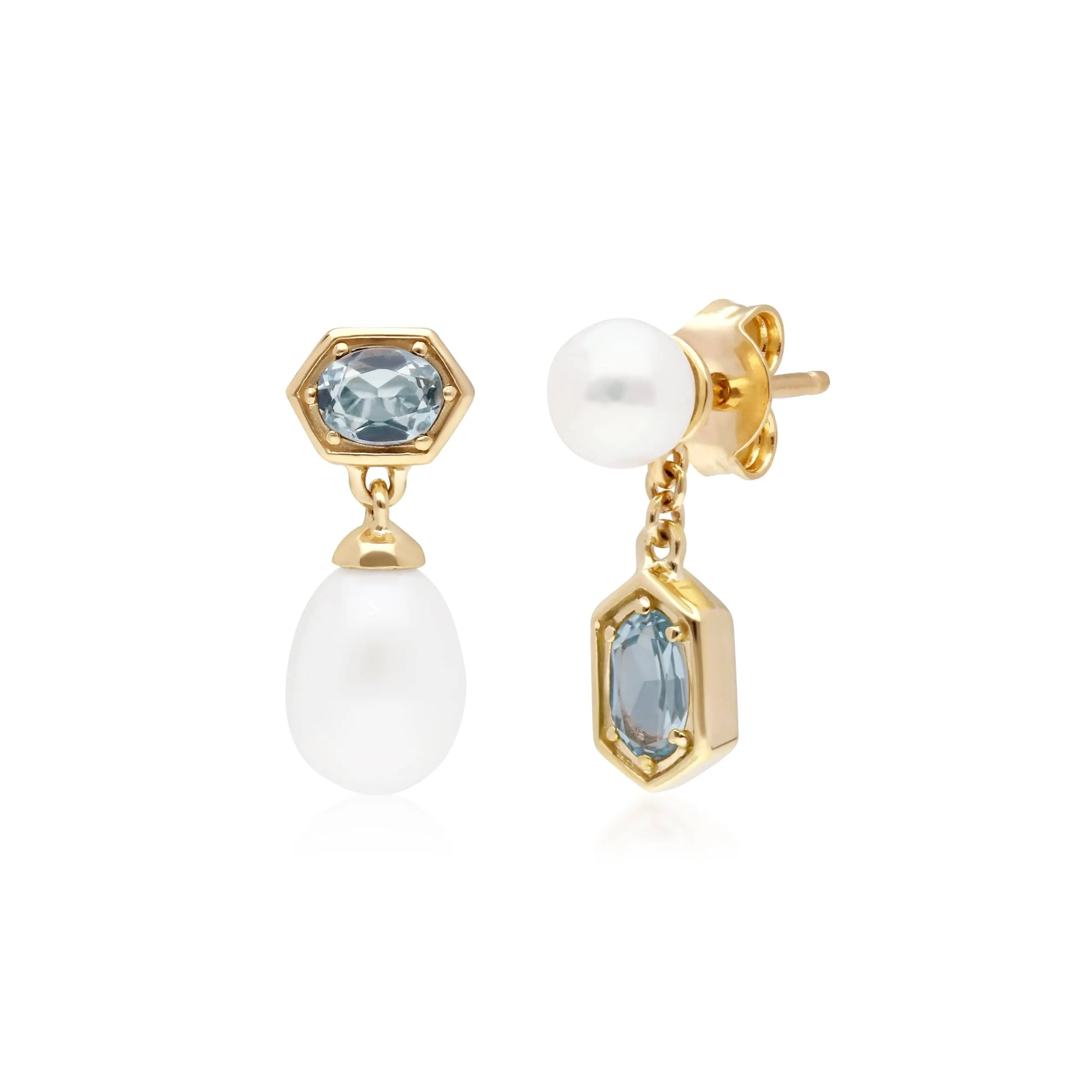 Modern Pearl & Blue Topaz Mismatched Drop Earrings in Gold Plated Silver sold by Gemondo Jewellery
