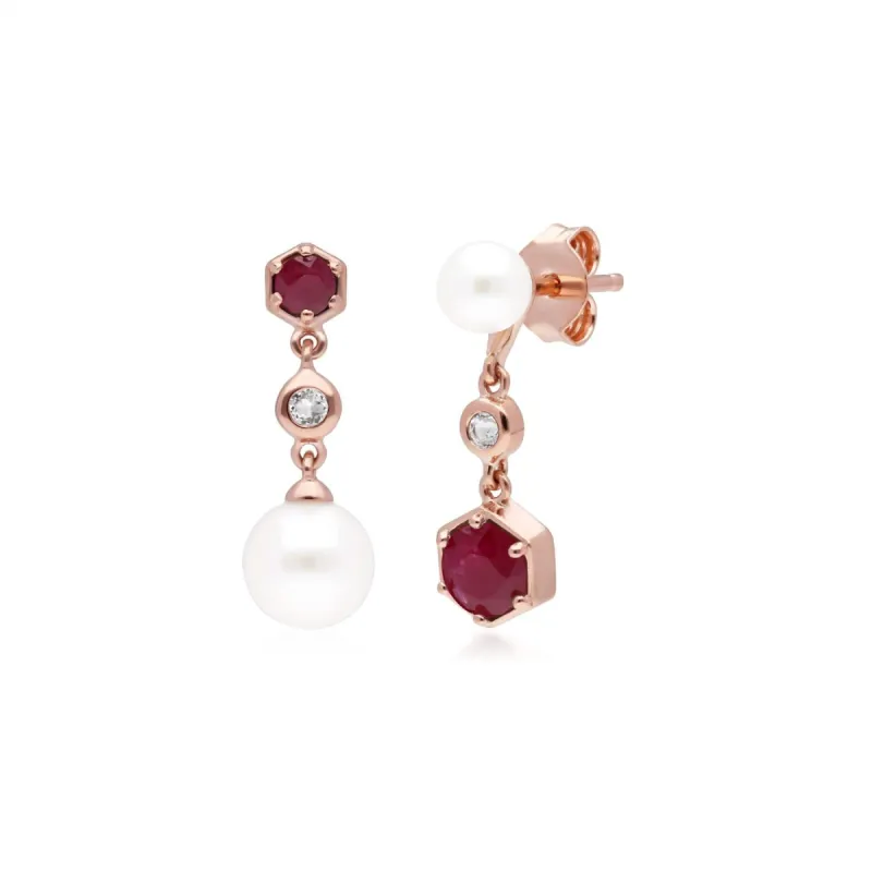 Modern Pearl, Ruby & Topaz Mismatched Drop Earrings in Rose Gold Plated  Silver sold by Gemondo Jewellery