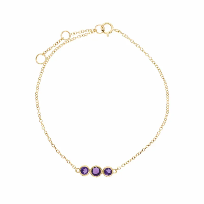 Classic Round Amethyst Three Stone Milgrain Bracelet in 9ct Gold sold by Gemondo Jewellery
