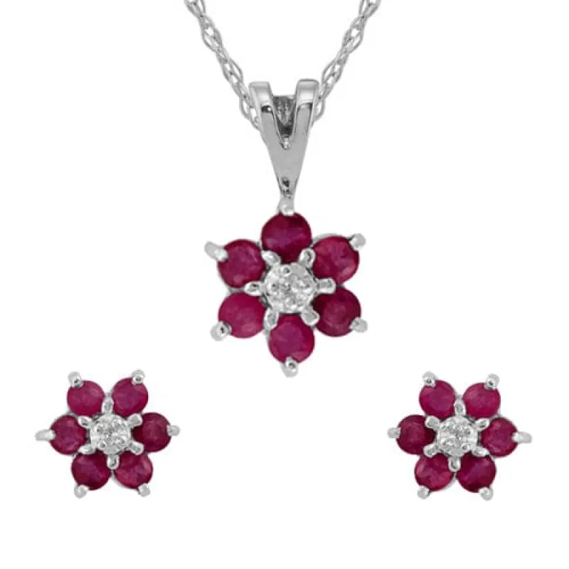 Floral Round Ruby & Diamond Flower Cluster Stud Earrings & Pendant Set in 9ct White Gold sold by Gemondo Jewellery