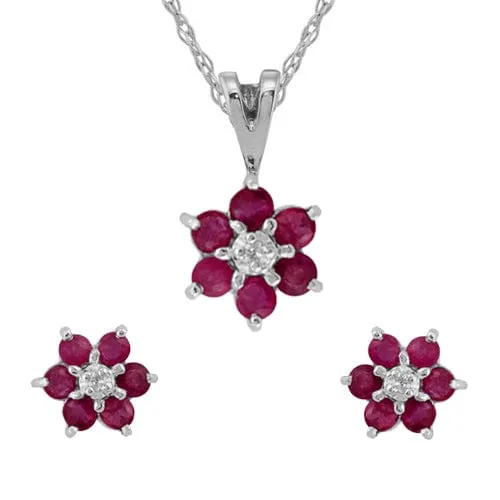 Floral Round Ruby & Diamond Flower Cluster Stud Earrings & Pendant Set in 9ct White Gold sold by Gemondo Jewellery