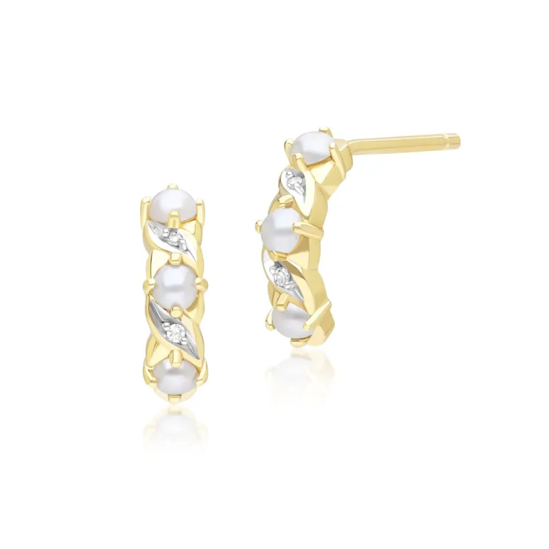 Classic Art Nouveau Style Pearl & Diamond Half Eternity Hoop Earrings in 9ct Yellow Gold sold by Gemondo Jewellery