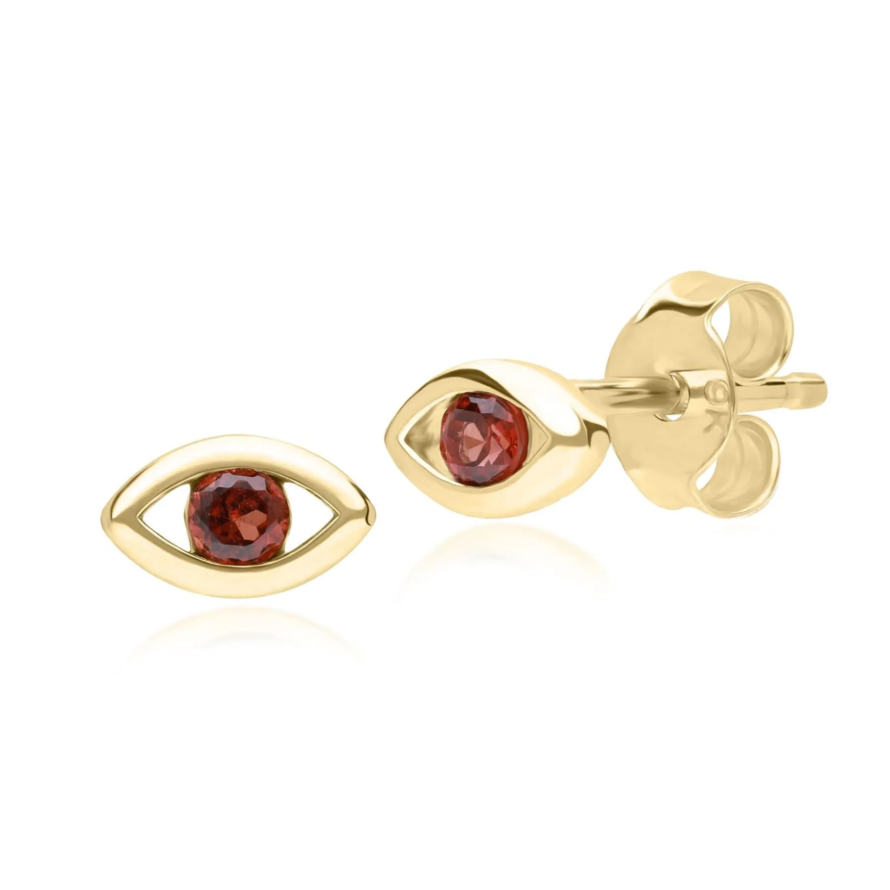 ECFEW™ Dainty Evil Eye Garnet Stud Earrings in 9ct Yellow Gold sold by Gemondo Jewellery