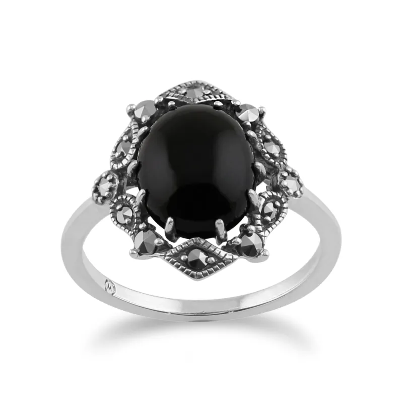 Art Nouveau Style Statement Ring Oval Black Onyx Cabochon & Round Marcasite 925 Sterling Silver sold by Gemondo Jewellery
