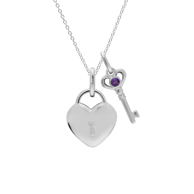 Classic Heart Lock Pendant & Amethyst Key Charm in 925 Sterling Silver sold by Gemondo Jewellery