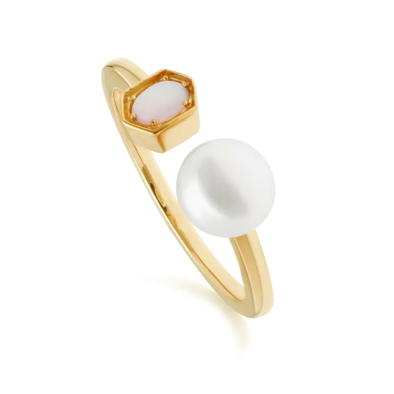 Modern Pearl & Opal Open Ring in Gold Plated Silver sold by Gemondo Jewellery