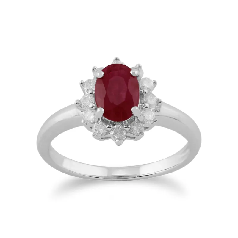 Classic Oval Ruby & Diamond Cluster Ring in 9ct White Gold sold by Gemondo Jewellery