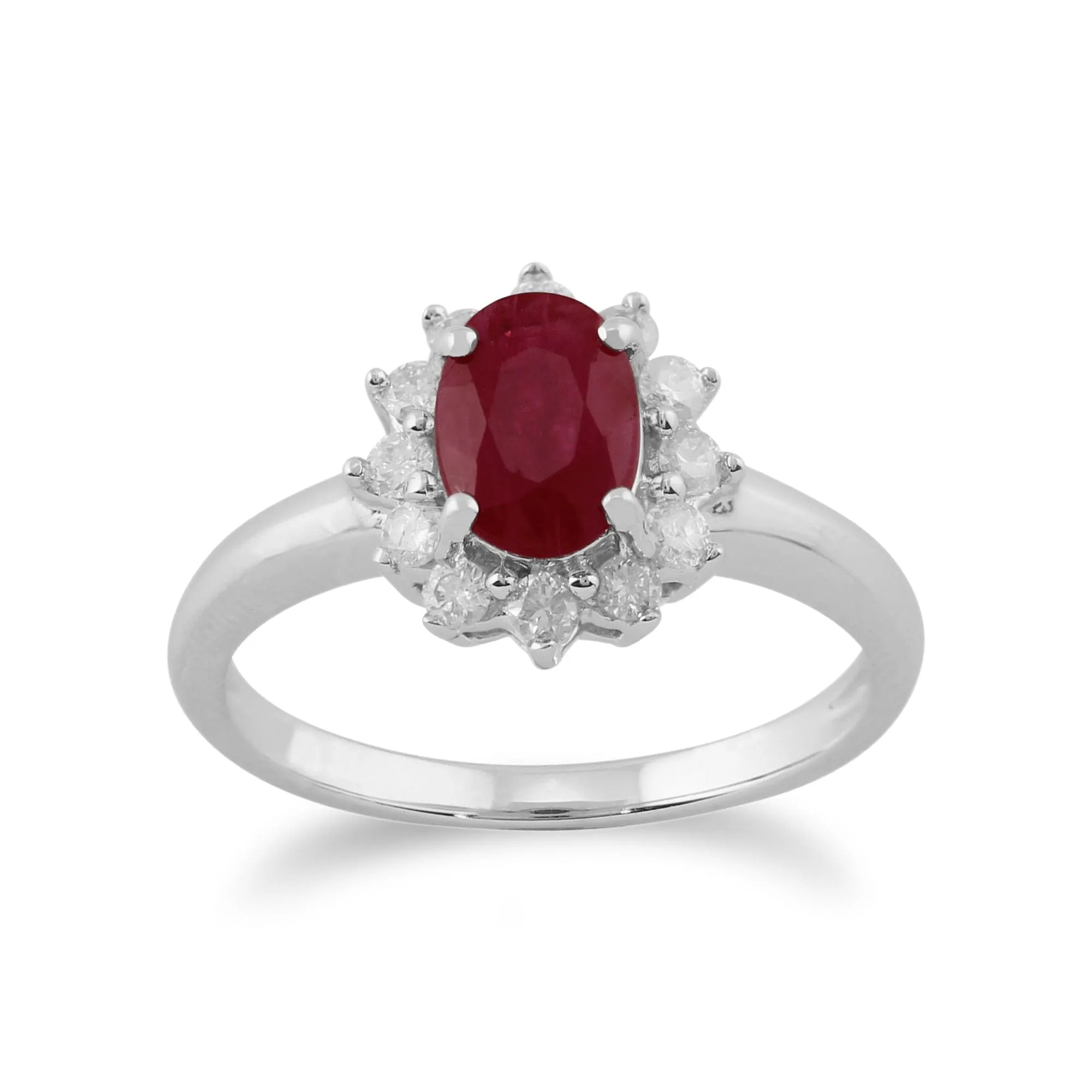 Classic Oval Ruby & Diamond Cluster Ring in 9ct White Gold sold by Gemondo Jewellery