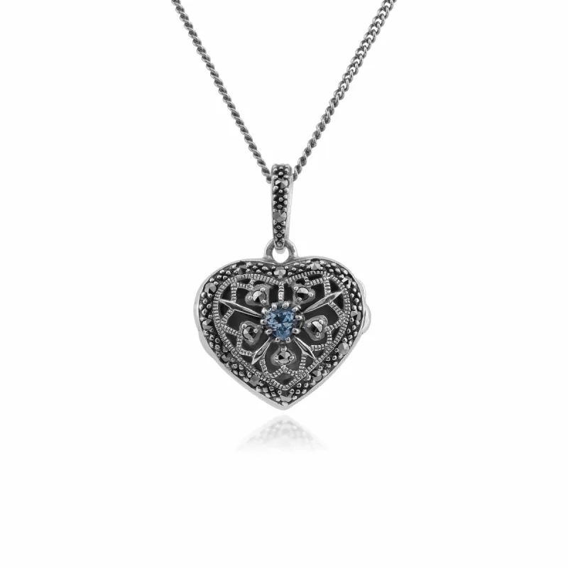 Art Nouveau Style Round Aquamarine & Marcasite Heart Necklace in 925 Sterling Silver sold by Gemondo Jewellery