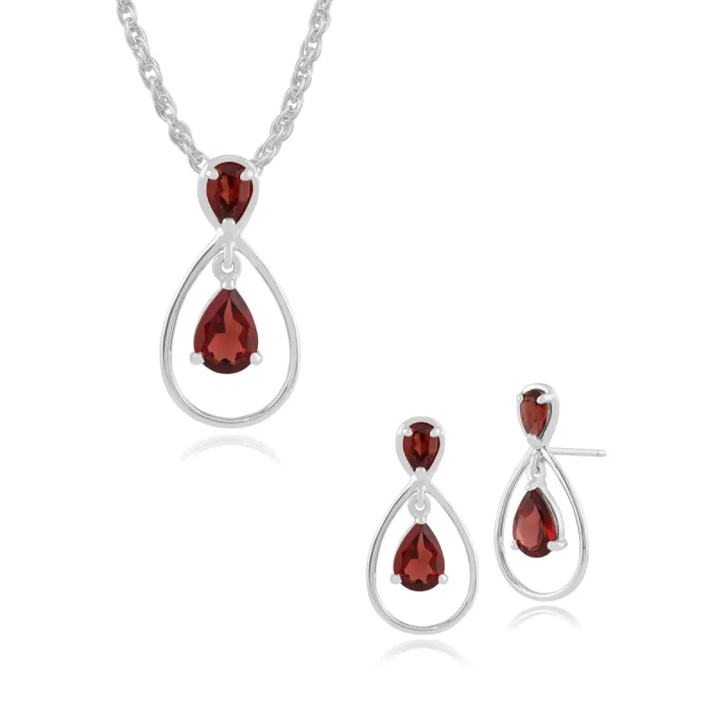 Classic Pear Garnet Halo Drop Earrings & Pendant Set in 9ct White Gold sold by Gemondo Jewellery