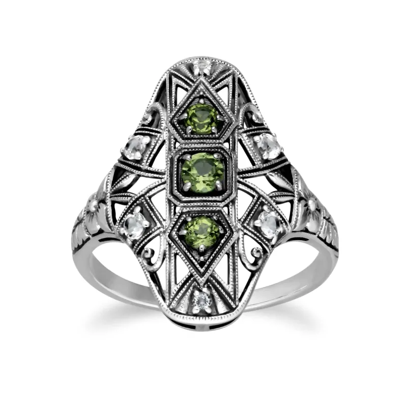 Art Nouveau Style Round Peridot & White Topaz Statement Ring in 925 Sterling Silver sold by Gemondo Jewellery