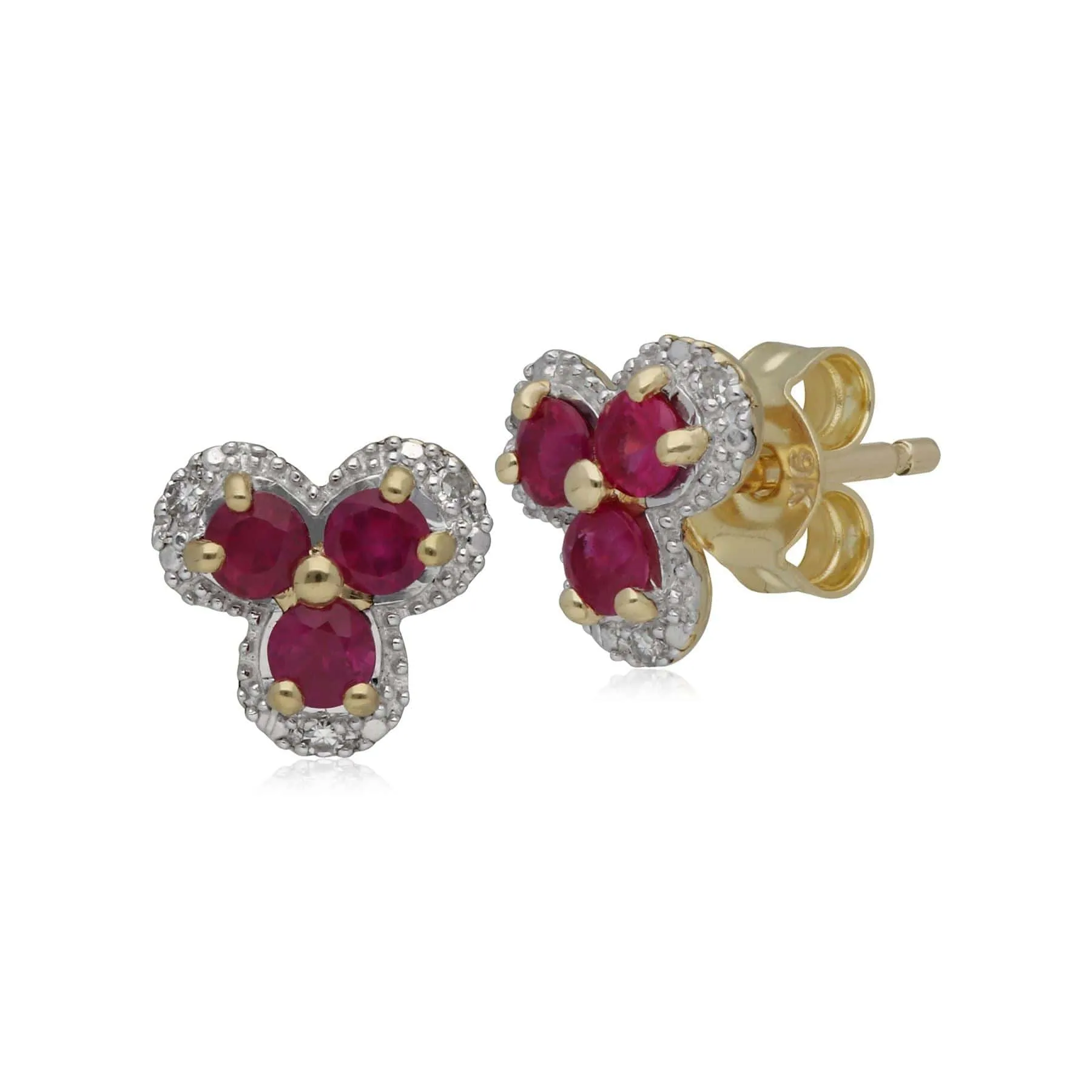 Classic Floral Ruby & Diamond Stud Earrings in 9ct Yellow Gold sold by Gemondo Jewellery